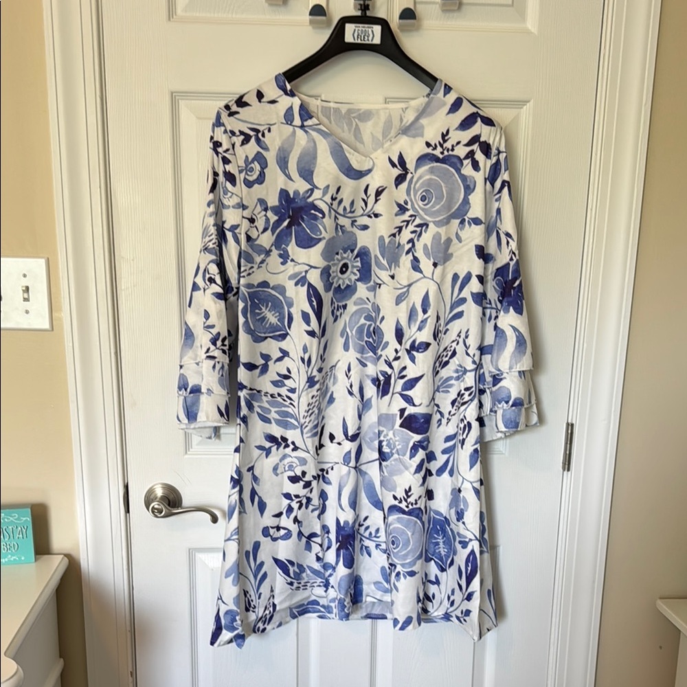 New, Blue and White floral, soft. Could be a dress or cover up